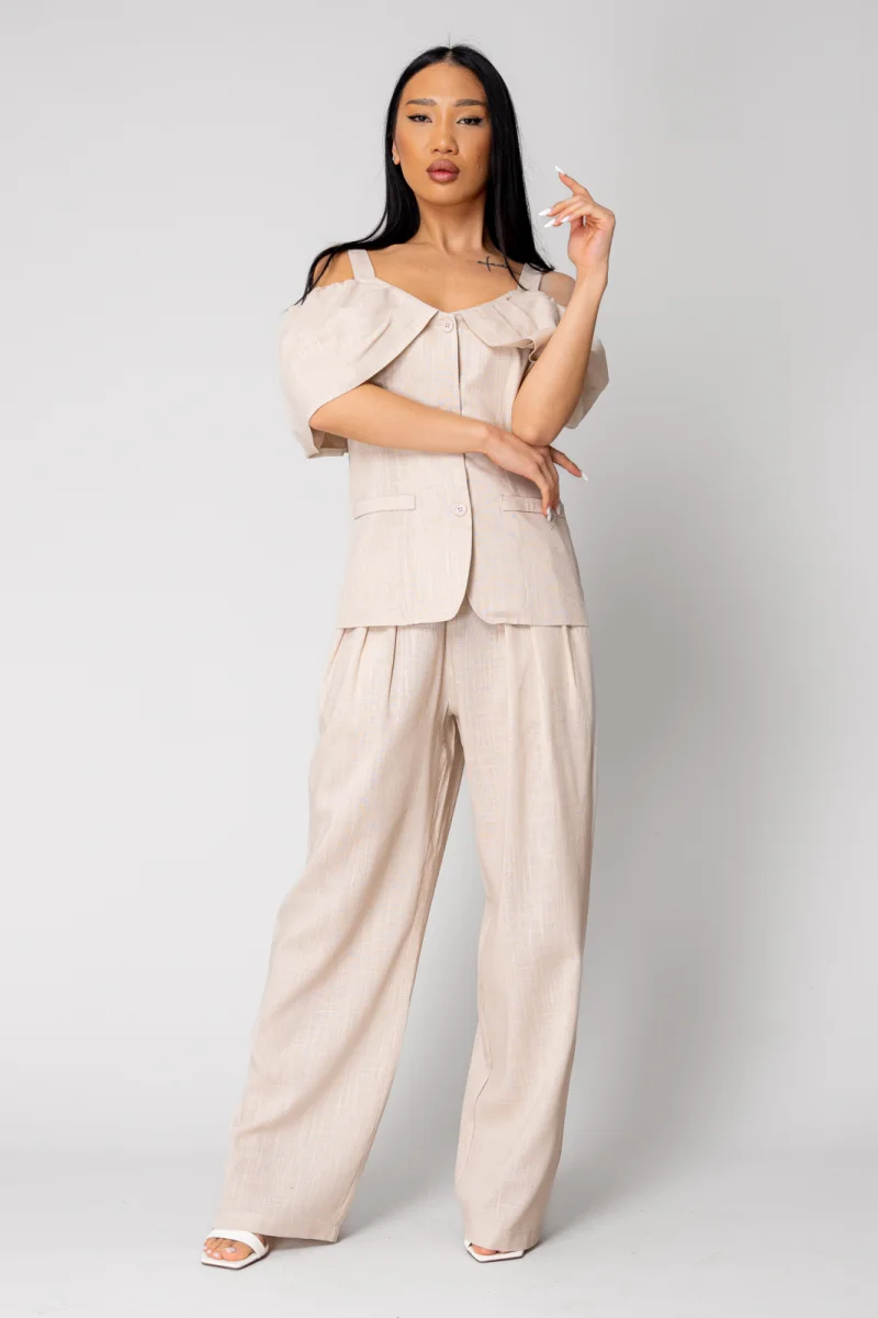 Set Sacou cu umeri cazuti pantalon lung Beige