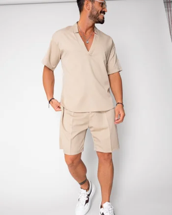 Set Como bluza V-cut si pantaloni scurti Beige