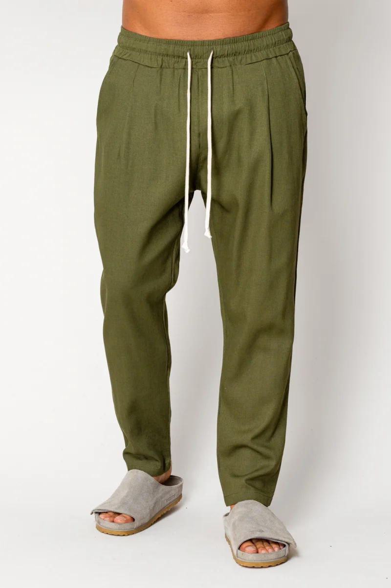 Pantaloni lung din IN cu snur usor conic Kaki