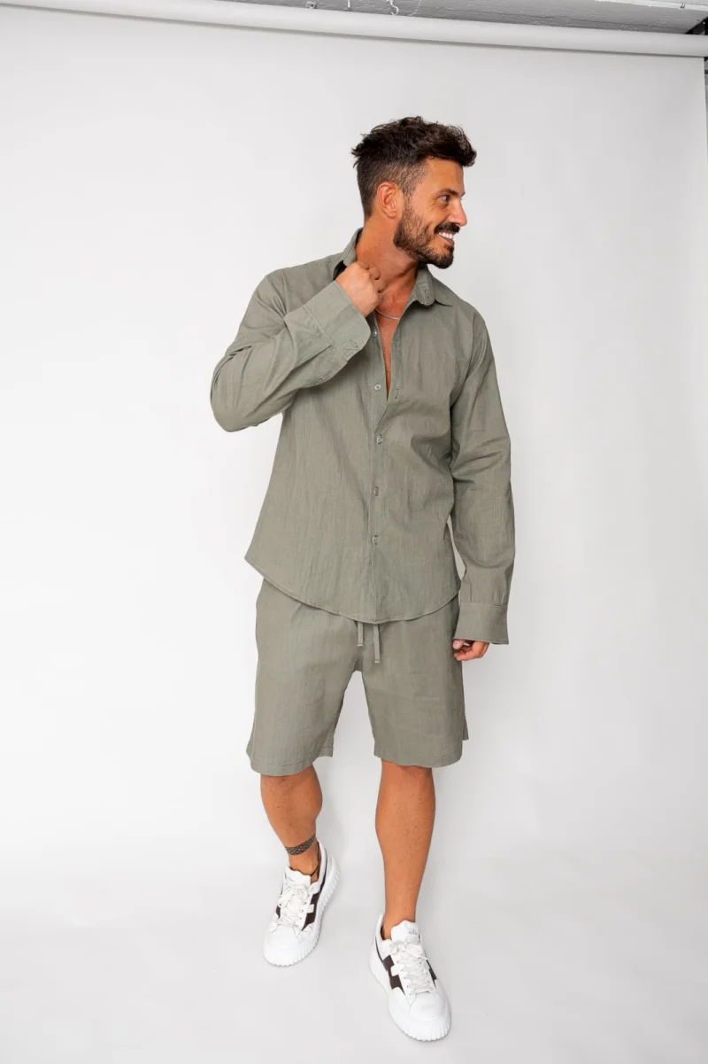 Set Lino 100% In camasa si pantalon scurt Dark Olive