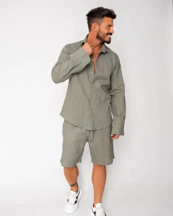 Set Lino 100% In camasa si pantalon scurt Dark Olive
