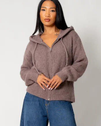 Pulover jacheta mix de lana si mohair Taupe