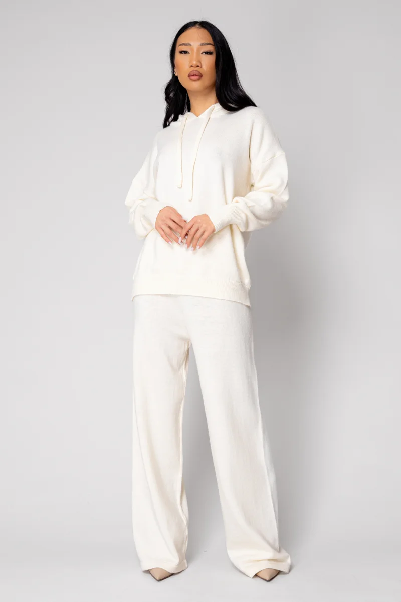 Set Pulover cu gluga si Pantalon lung mix de lana Off White