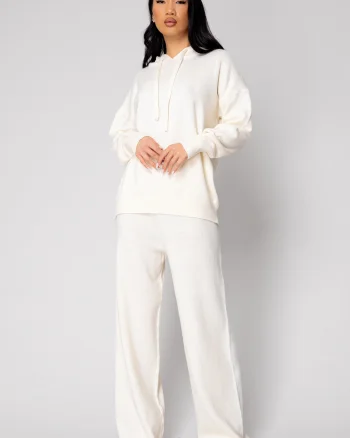 Set Pulover cu gluga si Pantalon lung mix de lana Off White