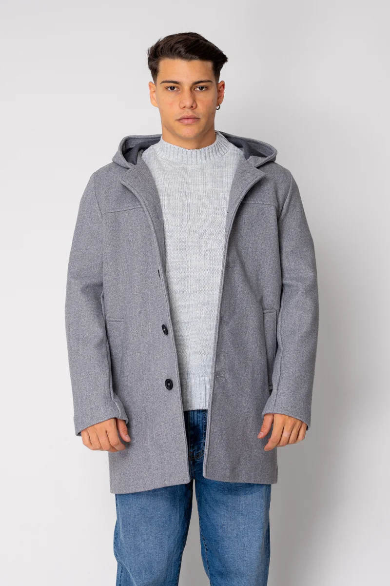 Palton lung cu gluga Grey Melange