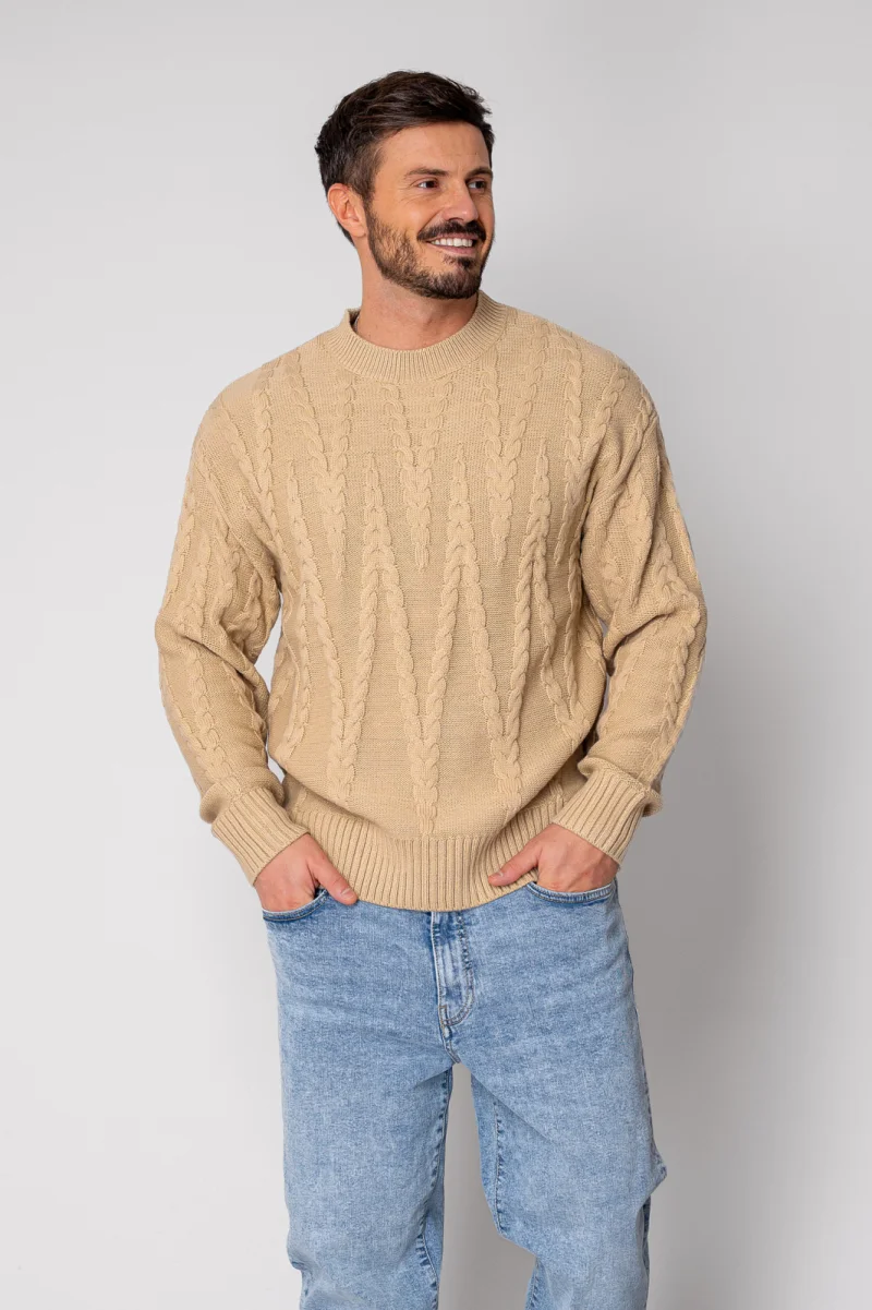 Pulover din mix de lana cu model tricotat Beige