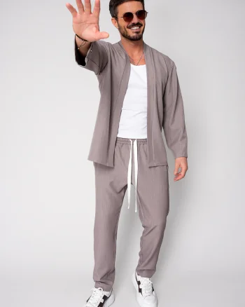 Set Long Tulum Jacheta tip kimono si pantalon Premium Edition Taupe