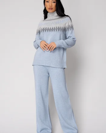 Set Pulover cu guler inalt si Pantalon lung mix de lana si casmir Sky Blue Grey