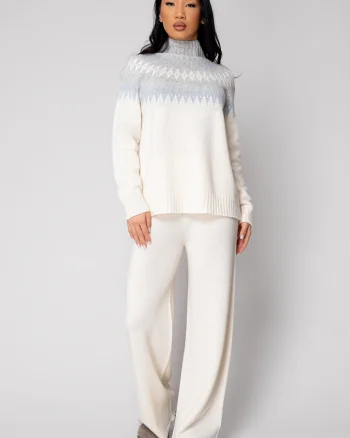 Set Pulover cu guler inalt si Pantalon lung mix de lana si casmir Off White Grey