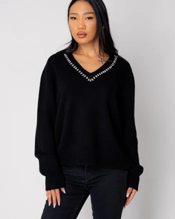 Pulover cu strasuri din lana si casmir Black