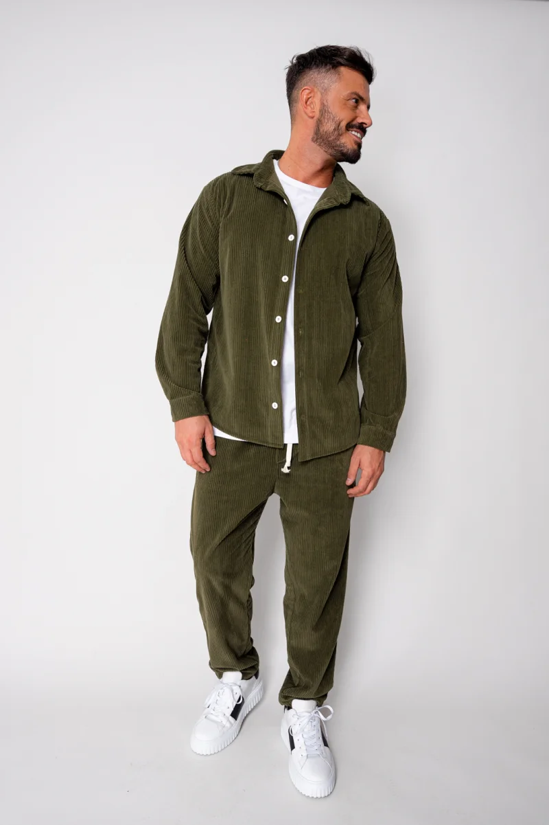 Set Camasa si Pantalon Lung drept din reiat Kaki
