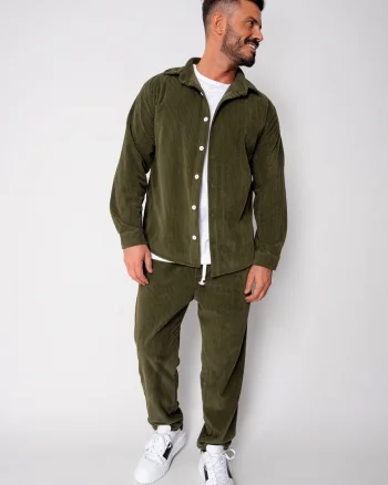 Set Camasa si Pantalon Lung drept din reiat Kaki