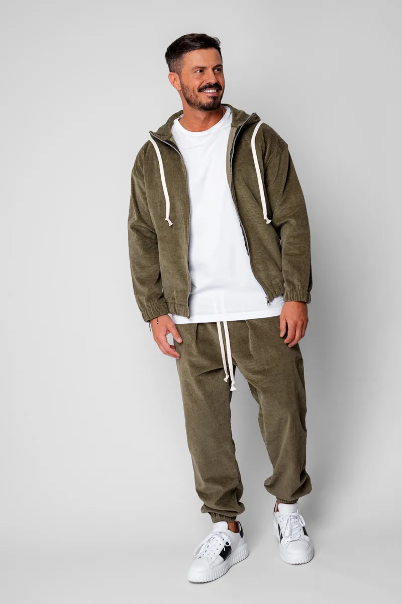 Set Hanorac cu fermoar si Pantalon Lung din reiat Corduroy Dark Olive