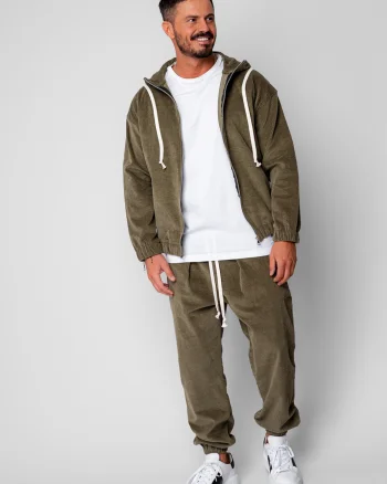 Set Hanorac cu fermoar si Pantalon Lung din reiat Corduroy Dark Olive