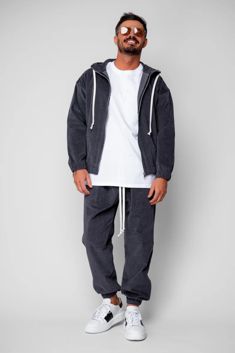 Set Hanorac cu fermoar si Pantalon Lung din reiat Corduroy Grey Anthracite