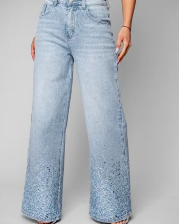 Blugi lungi cu paiete Light Blue