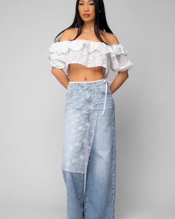 Blugi lungi elastici cu aplicatie din dantela Light Blue