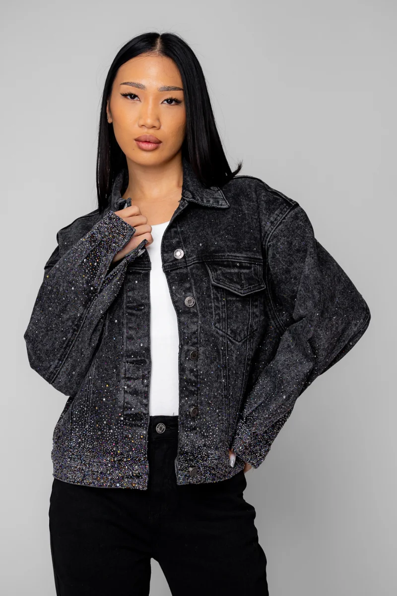 Jacheta din denim cu strasuri Black