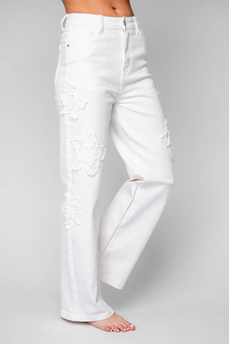 Blugi elastici cu broderie florala White