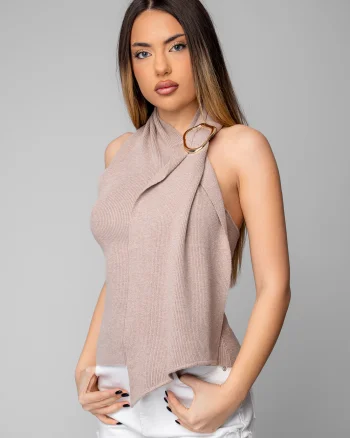 Top tricotat cu inel decorativ Taupe