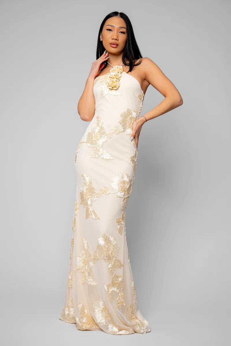 Rochie lunga stramta cu broderie Cream