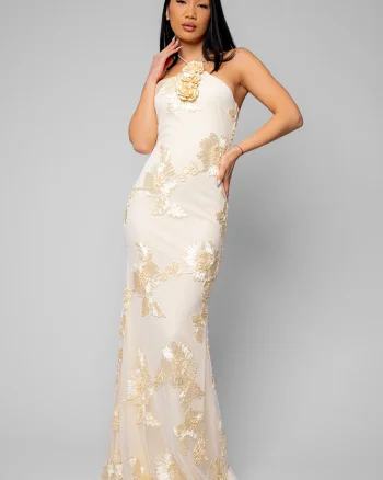 Rochie lunga stramta cu broderie Cream