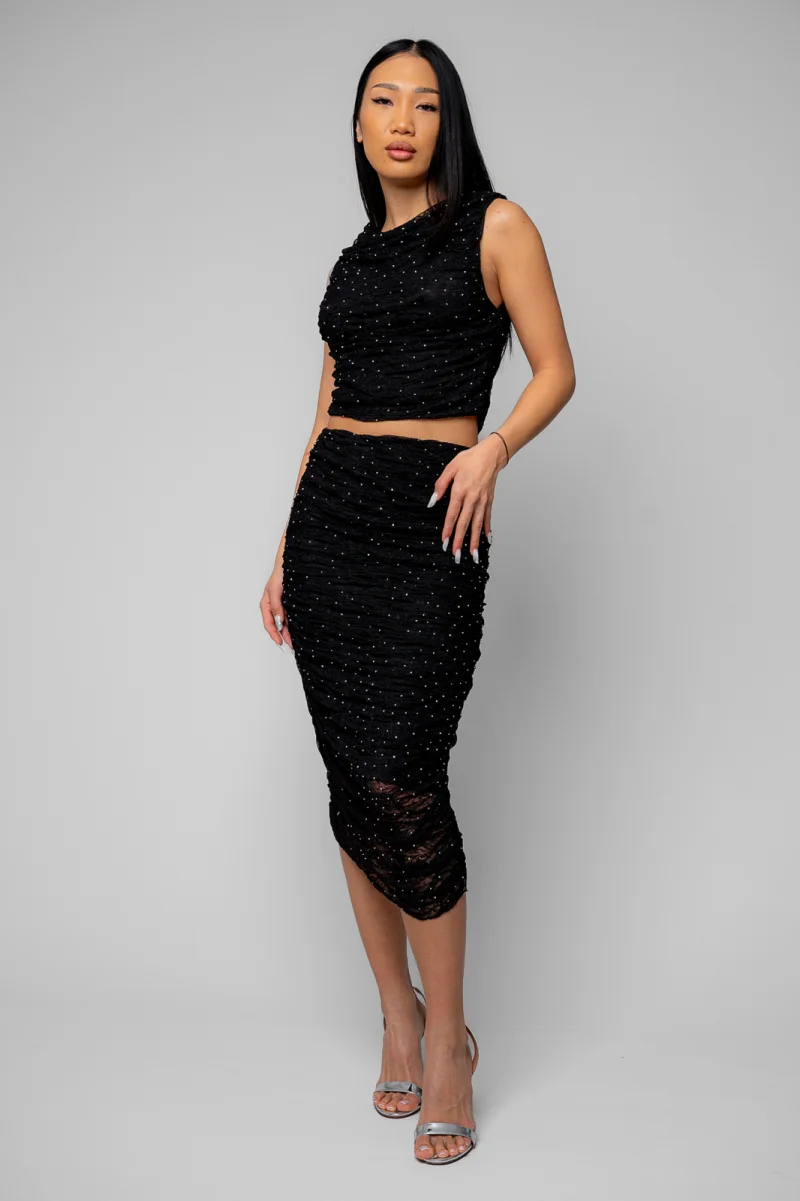 Set Top scurt si fusta midi cu strasuri Black
