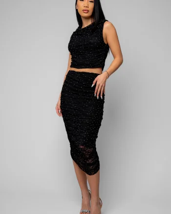 Set Top scurt si fusta midi cu strasuri Black