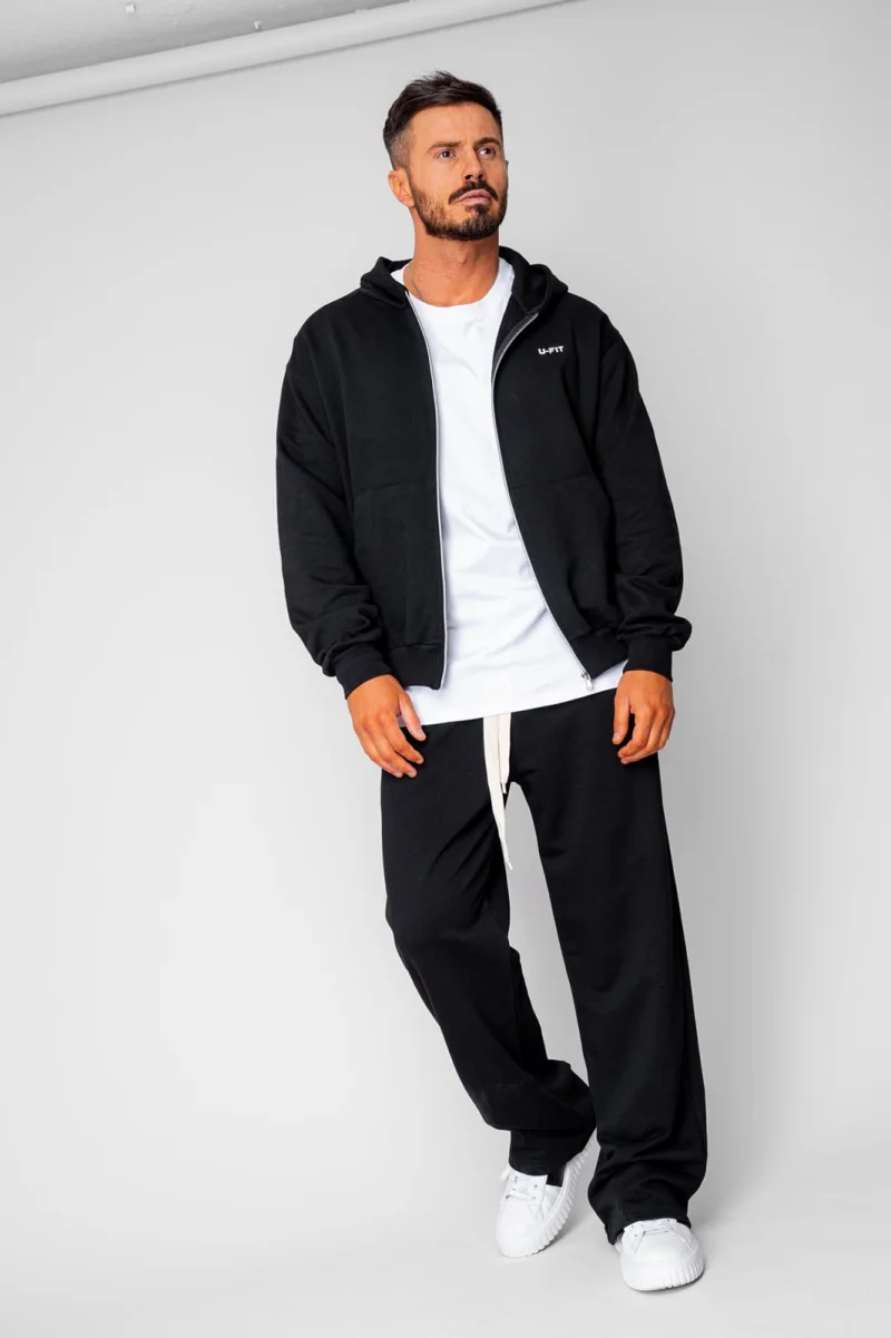 Set hanorac cu fermoar si pantalon drept din 100% Bumbac Black