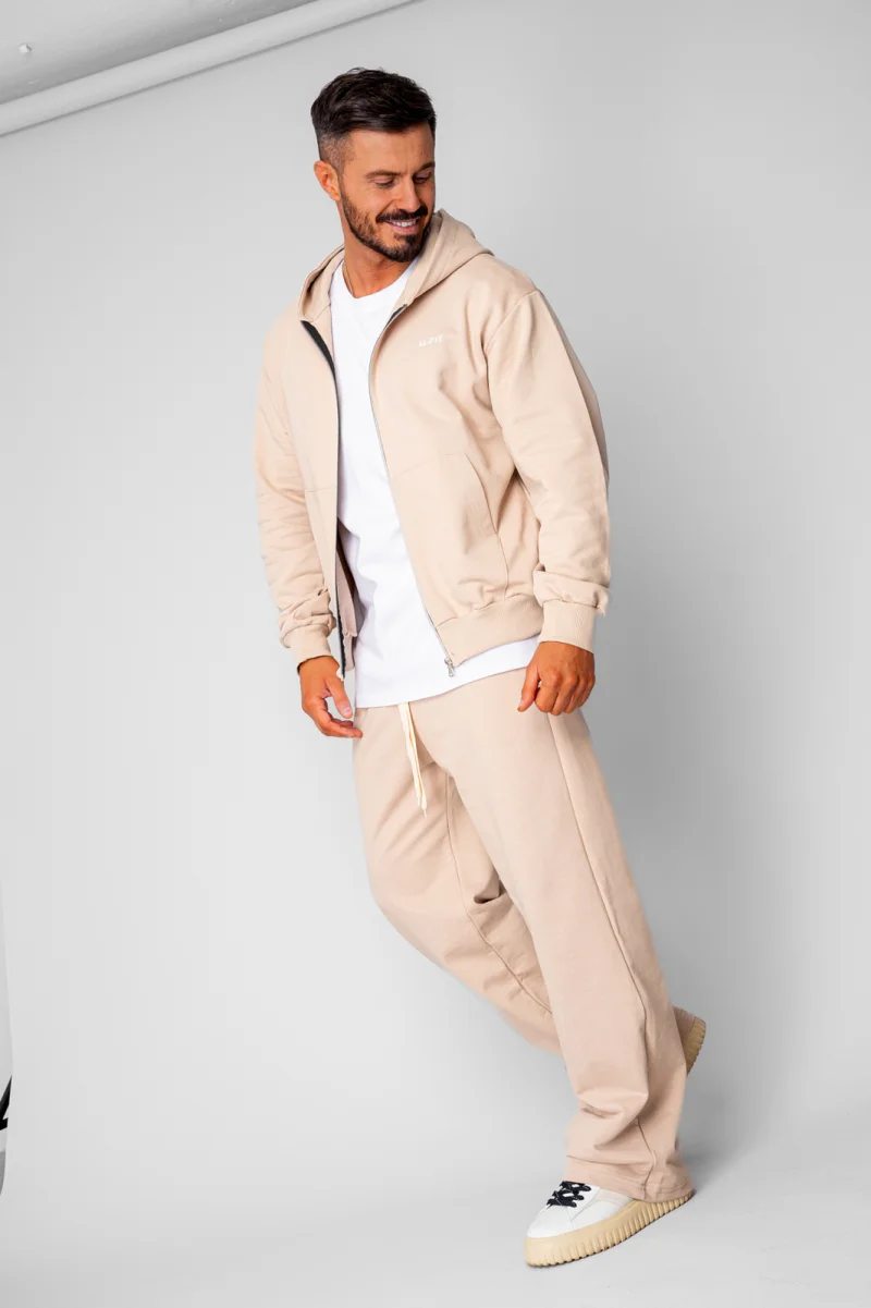 Set hanorac cu fermoar si pantalon drept din 100% Bumbac Beige