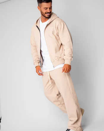 Set hanorac cu fermoar si pantalon drept din 100% Bumbac Beige