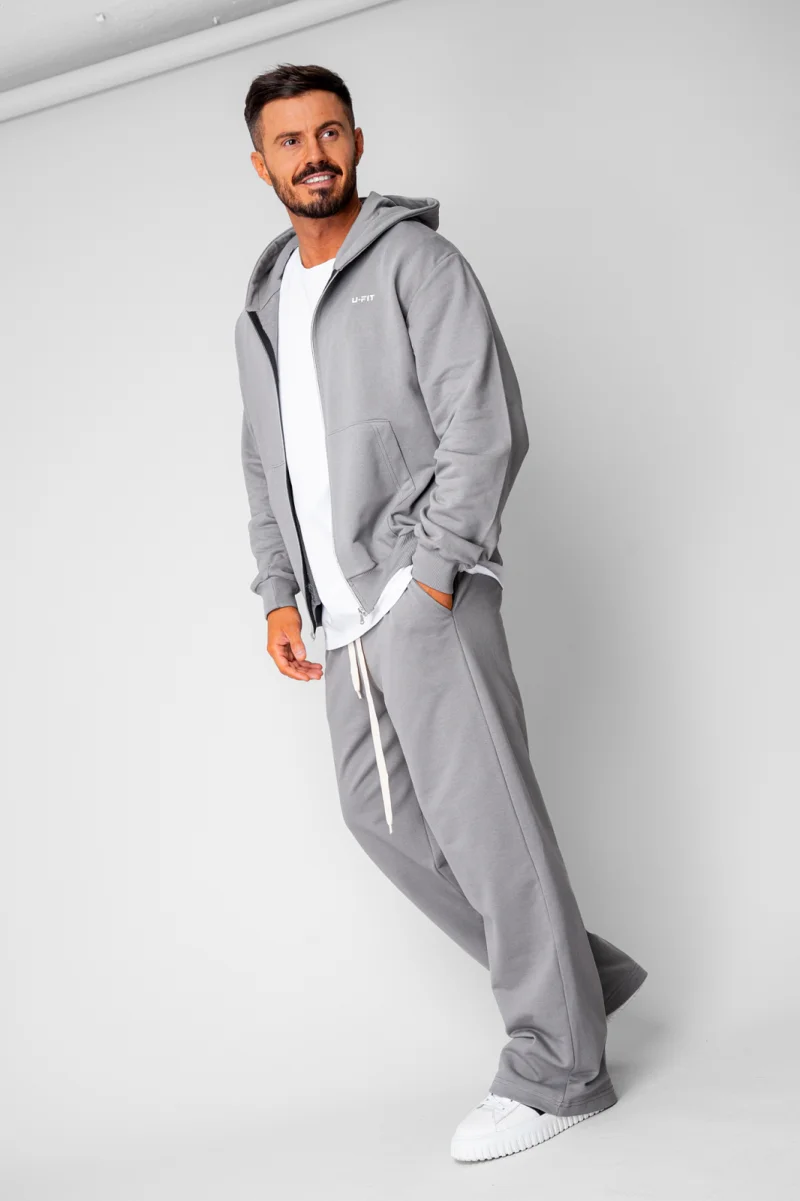 Set hanorac cu fermoar si pantalon drept din 100% Bumbac Grey