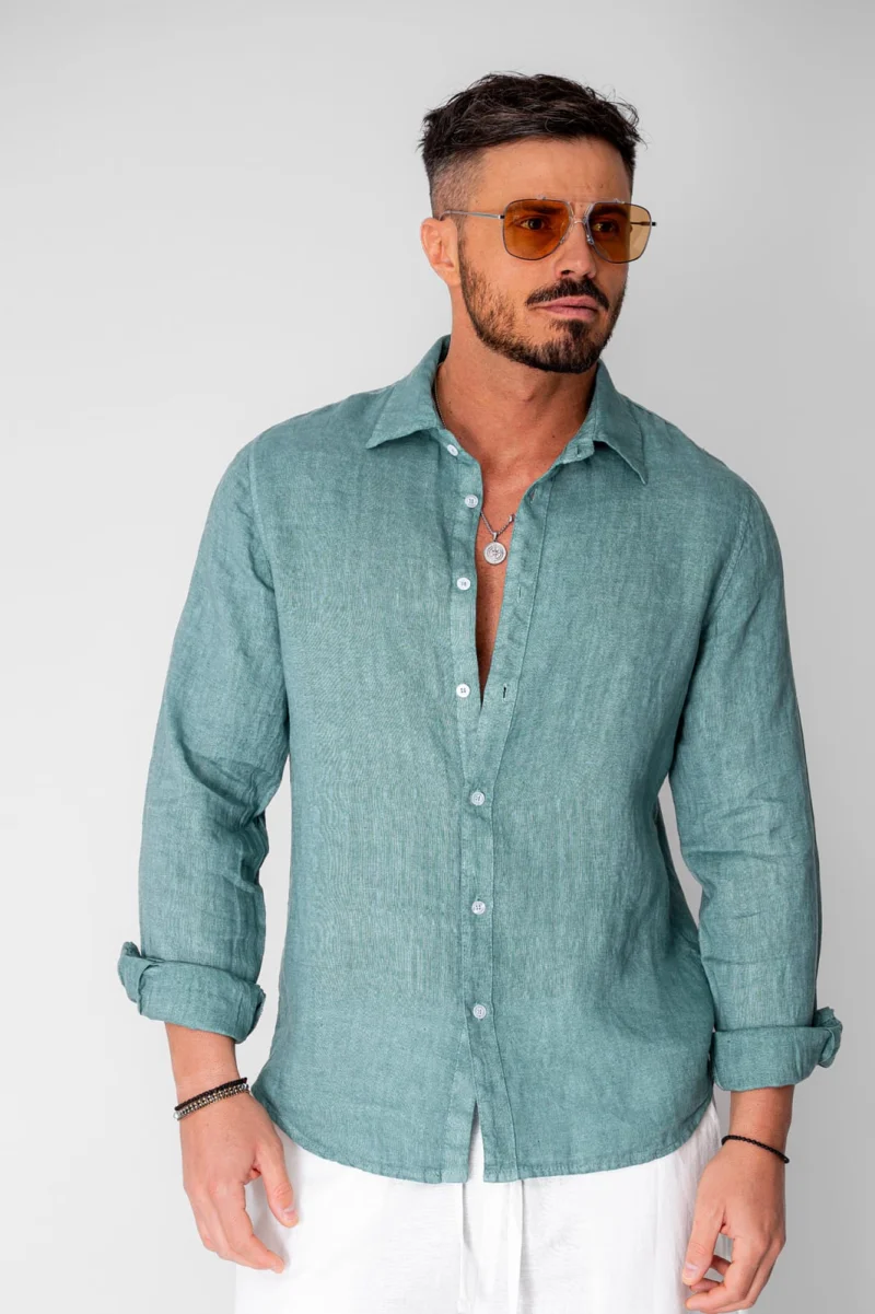 Camasa din 100% In de plaja Dark Olive