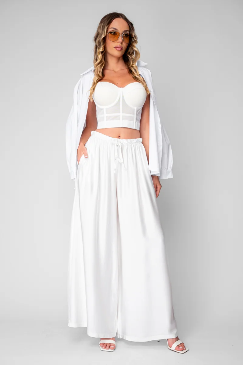 Pantalon lung din mix de matase White