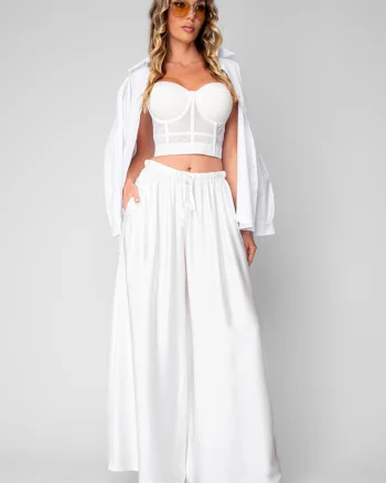 Pantalon lung din mix de matase White