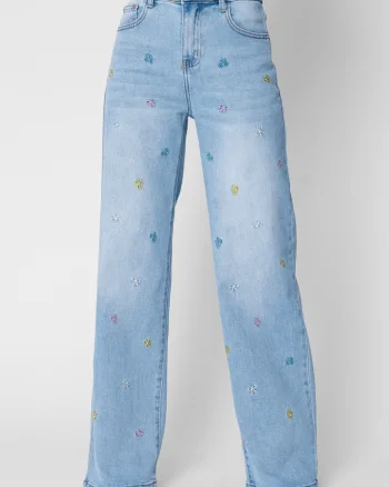 Blugi lungi elastici cu broderie fundite Light Blue