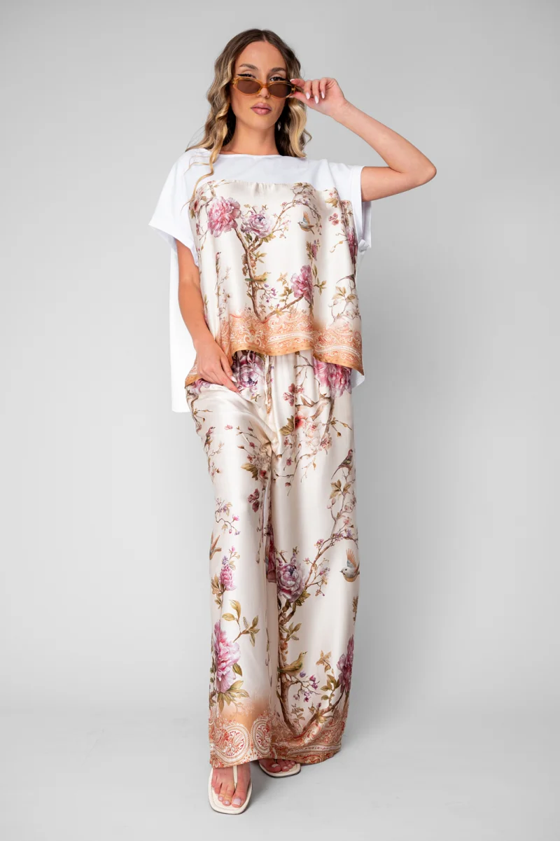 Set Shells Tricou si pantalon lung din mix matase Off White Rose