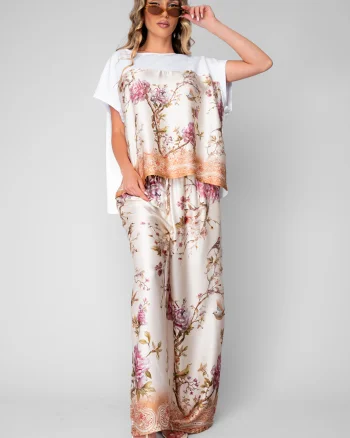 Set Shells Tricou si pantalon lung din mix matase Off White Rose