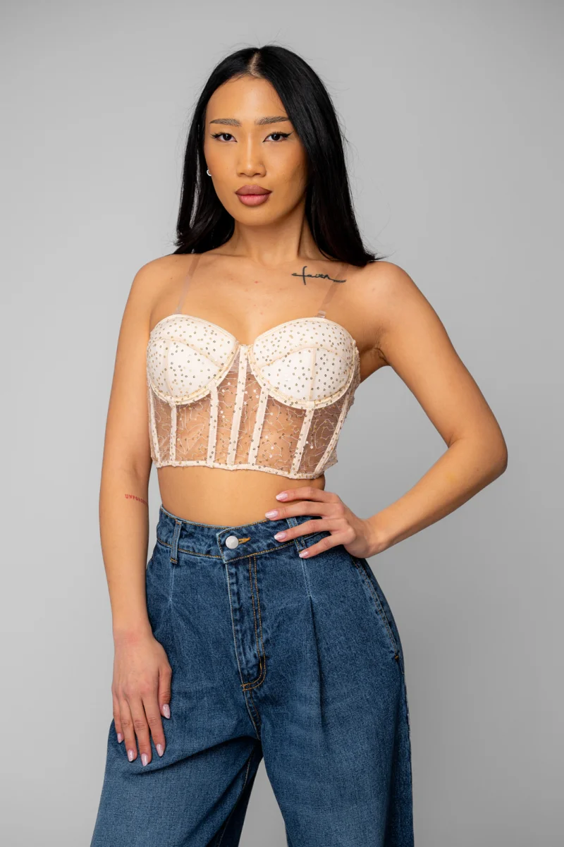 Top stil corset cu paiete Beige