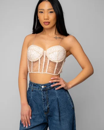 Top stil corset cu paiete Beige