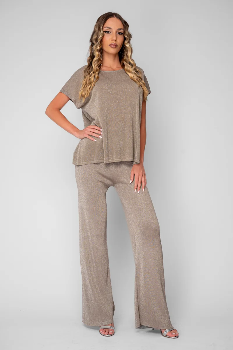 Set Tricou tricotat fin si Pantalon lung Taupe Silver