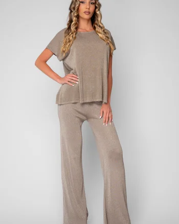 Set Tricou tricotat fin si Pantalon lung Taupe Silver