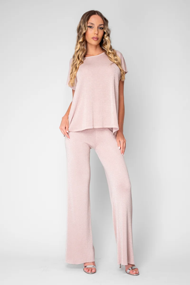 Set Tricou tricotat fin si Pantalon lung Rose Silver