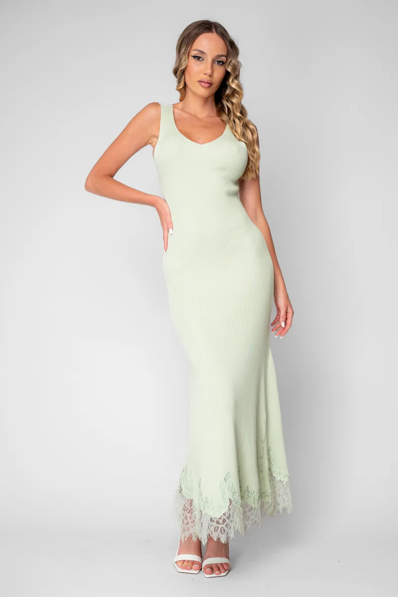 Rochie lunga tricotata cu dantela Mint