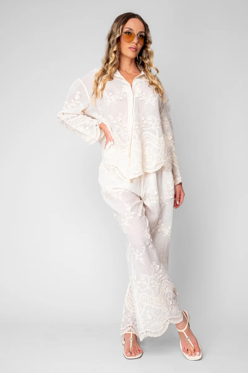Set Camasa si Pantalon lung cu broderie Cream