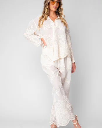 Set Camasa si Pantalon lung cu broderie Cream