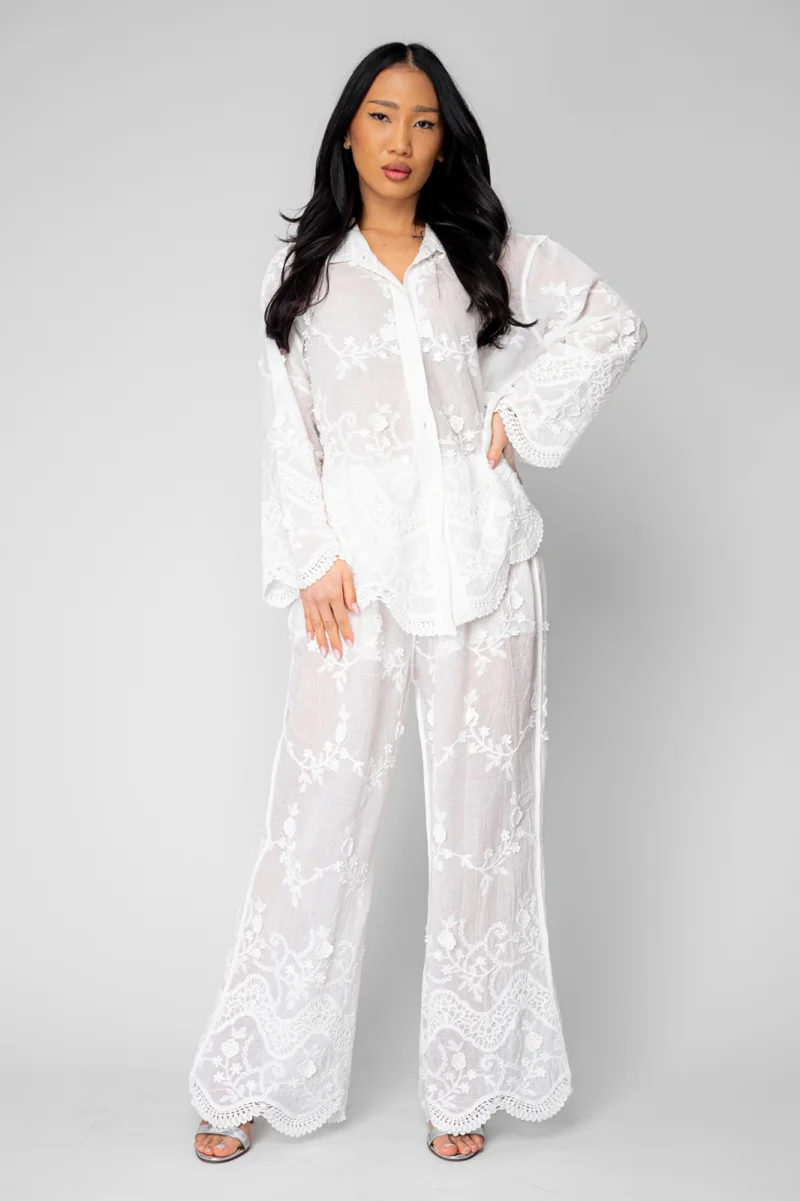 Set Camasa si Pantalon lung cu broderie White
