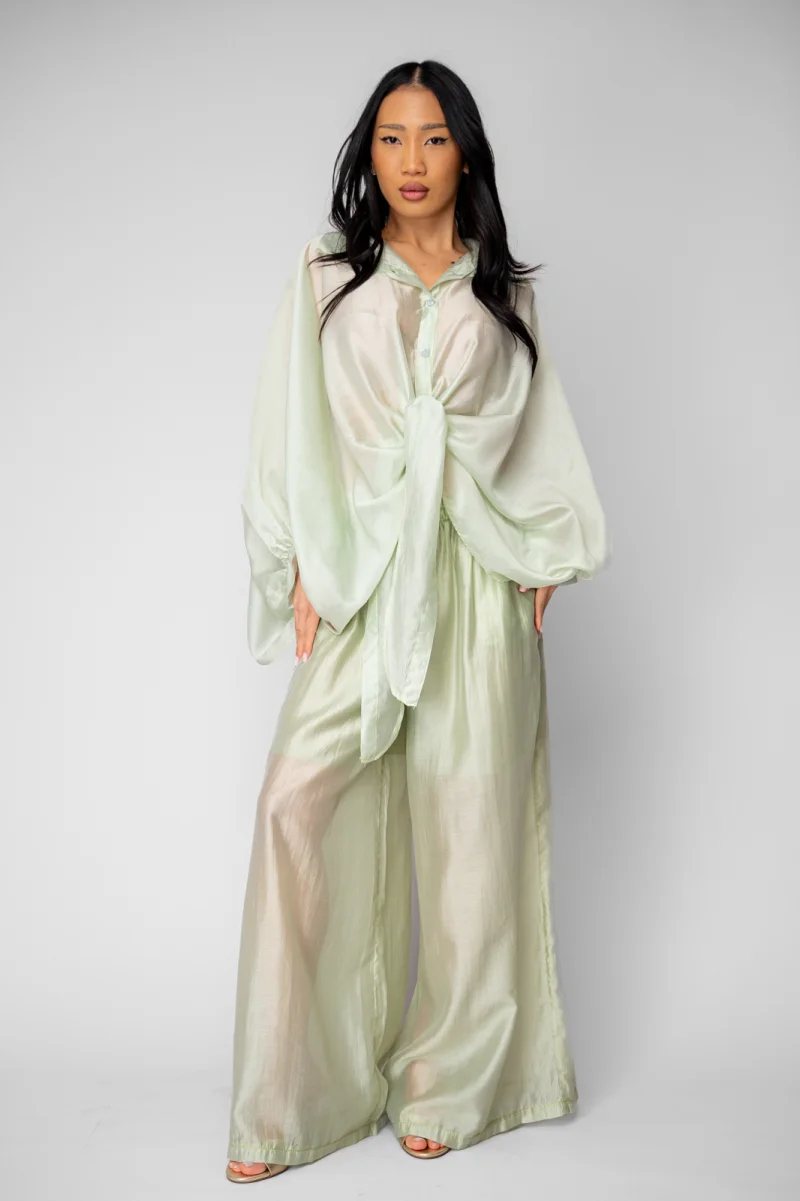 Set Summer Shells camasa si Pantalon lung din mix matase Light Olive