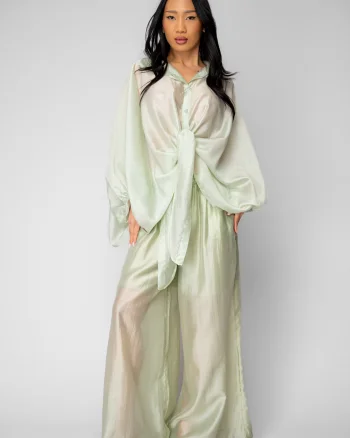 Set Summer Shells camasa si Pantalon lung din mix matase Light Olive