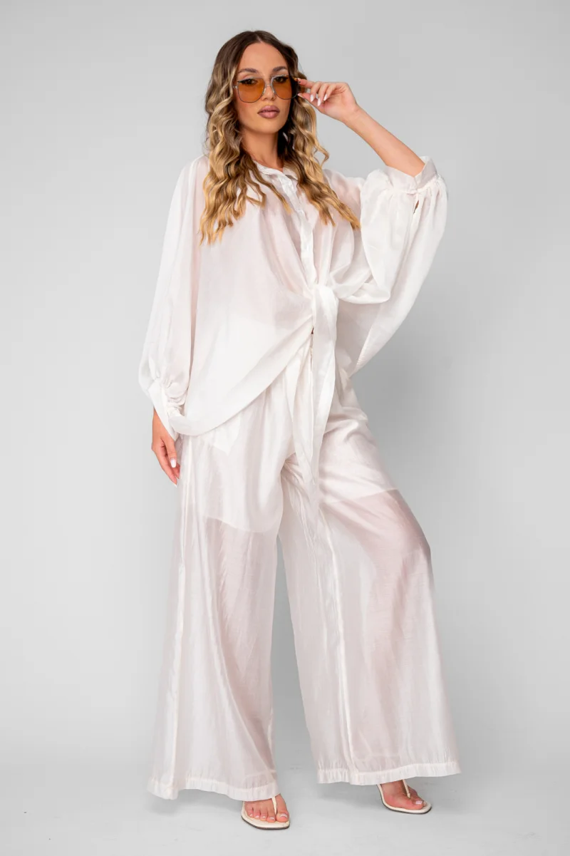 Set Summer Shells camasa si Pantalon lung din mix matase Off White